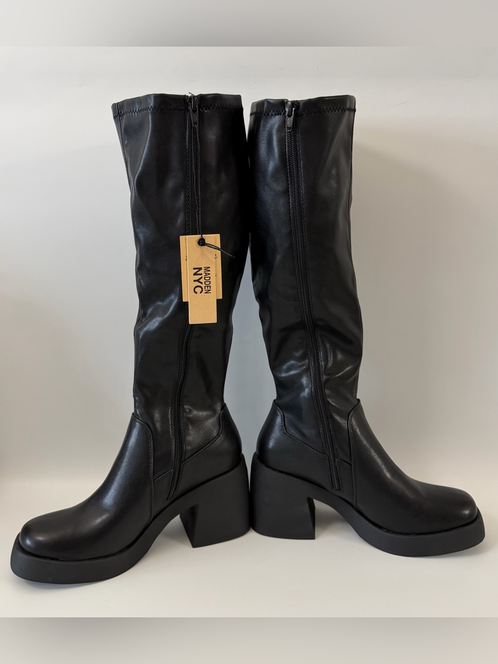 Madden NYC Black Knee High Boots Women Size 9 Block Heel Faux Leather